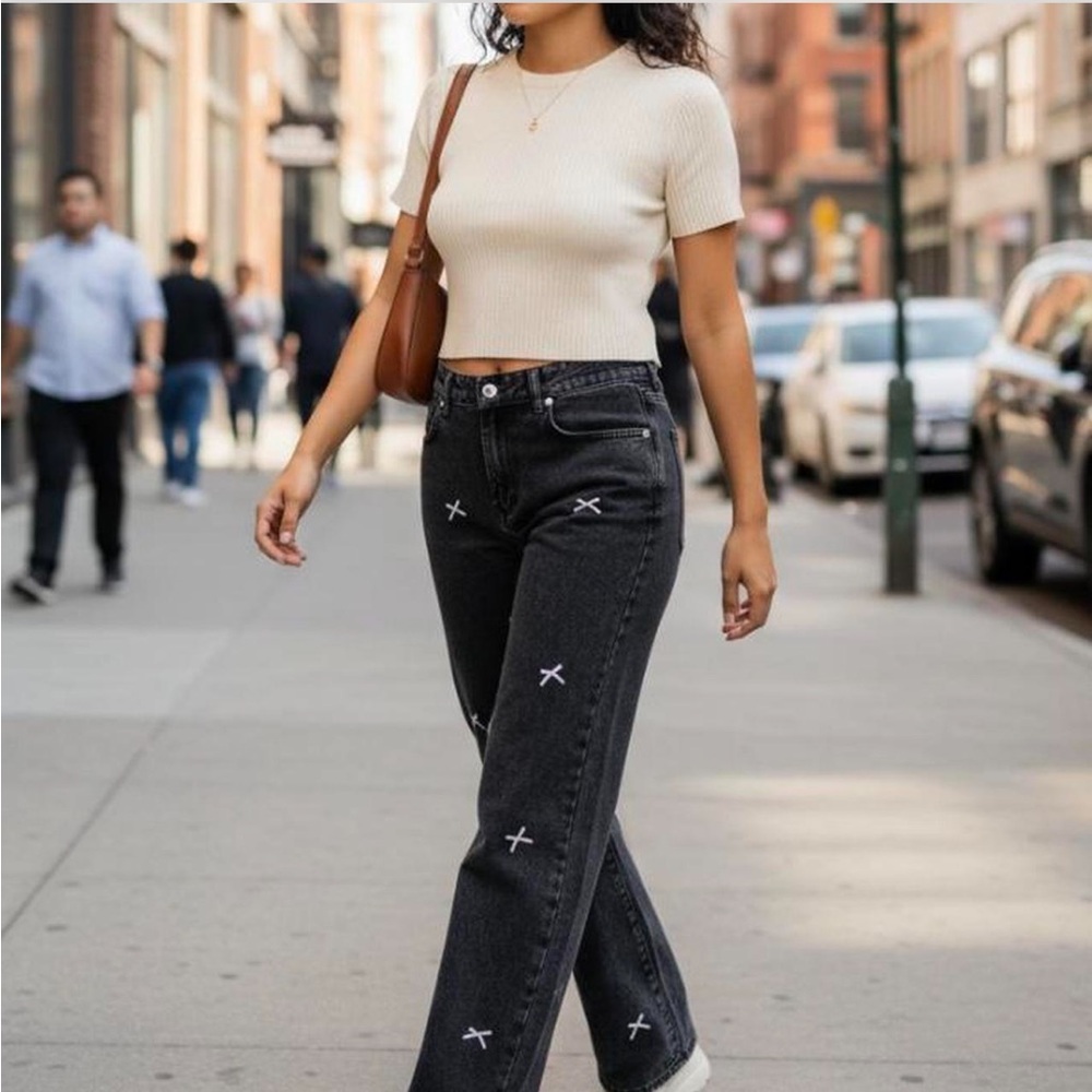 Love Soho Wide Leg Ribbon Bow Detail Denim Jeans Faded Black